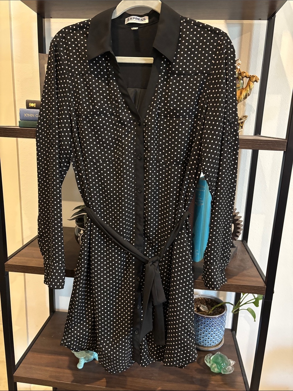 Express Portofino Black White Polka Dots Long Sleeve Shirt Dress Medium